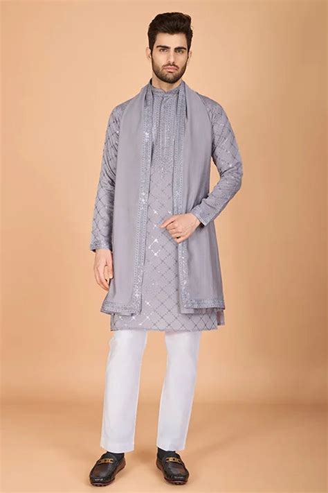 Designer Grey Viscose Silk Men's Kurta – Elegant Wedding Attire ...