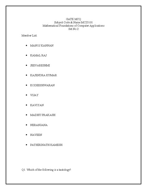 Mathematical Foundations of Computer Applications MCQs Set 2 (MC25101 ...