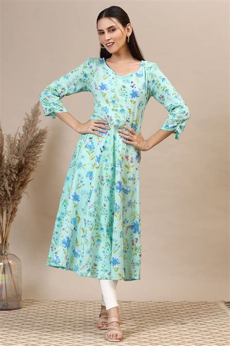 Buy Ice Green Floral Printed Cotton Crepe Anarkali Kurta Online for ...