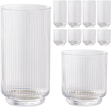 Amazon.com | WeirdUncle Set of 8 Ribbed Glass Cups with Crystal Base,4 Highball Glasses 18oz & 4 ...