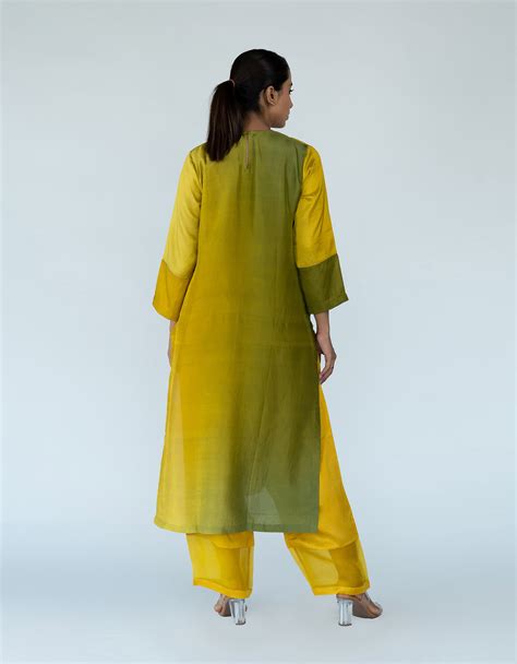Sage Mustard Ombre color blocked kurta with silk pants with silk organ ...