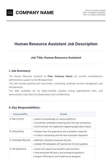 Free Human Resource Assistant Job Description Template to Edit Online