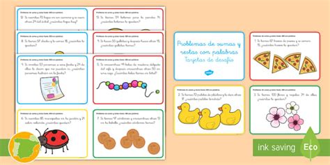 Tarjetas de desafío de matemáticas: Problemas de sumas y restas hasta ...