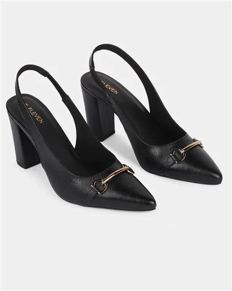 T. Eleven (Step Into Success) Black Pointed Toe Block Heels With Sling ...