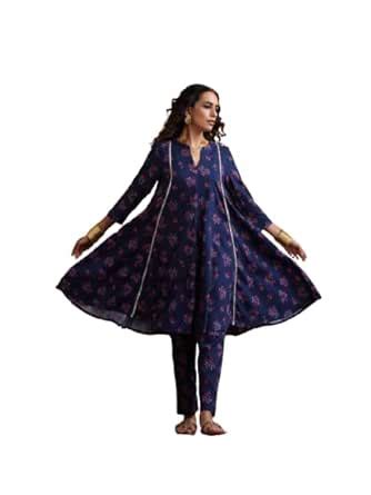 Buy true Browns Blue Floral Print Flared Anarkali Kurta Co-ord Set ...