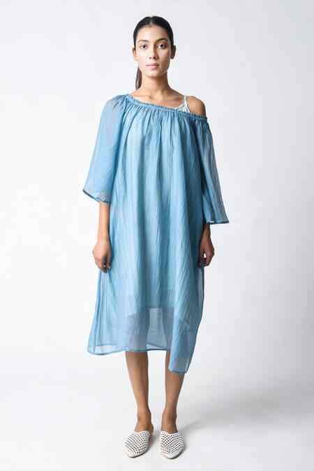 Buy Jayati Goenka Blue Sky Off-shoulder Midi Dress Online | Aza Fashion.