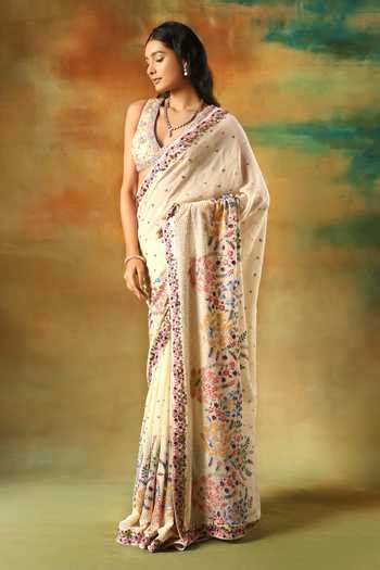 Buy Ivory Georgette, Net, Viscose Sequins, Embroidery V-neck Multicolor ...