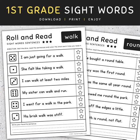 1st Grade Sight Words: Roll and Read Sight Words Worksheets, [SET 3 ...
