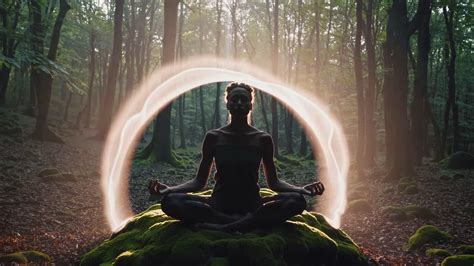 A serene video scene of a person meditating in a forest, captured from ...
