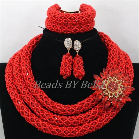 63.0US $ 40% OFF|Hot Red Crystal Braid Nigerian Beaded Necklaces Sets ...