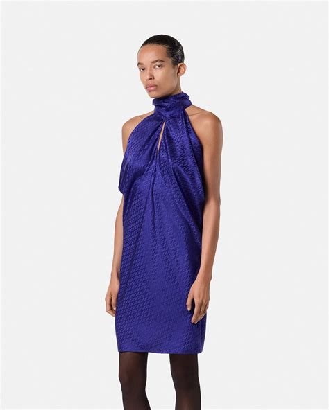 V Allover Jacquard Silk Relaxed Mini Dress Blue | VERSACE CA