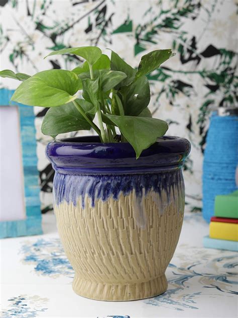 VarEesha Hand-Made Beige Blue Matt 6 inch Planter Pot|Ceramic Gamla ...