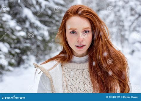 Natural Redhead Female Model Posing at Camera in Winter Nature, Looking ...
