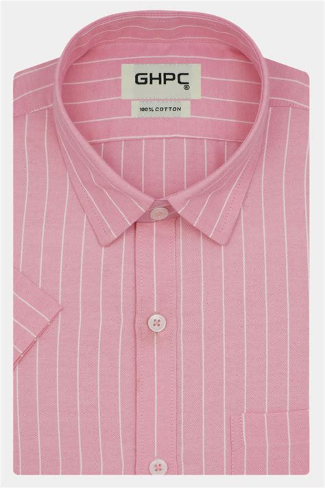 Men's Cotton Linen Striped Half Sleeves Shirt (Pink)