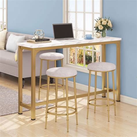 Buy JOSMORE Gold Bar Table and Chairs Set, Marble Bar Table Set, Pub ...