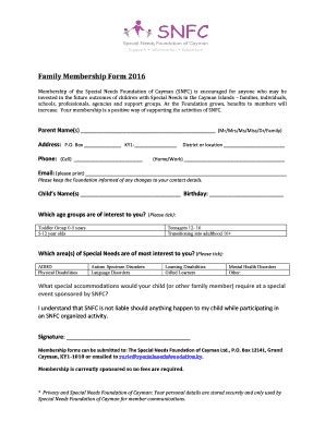 Fillable Online specialneedsfoundation 2016 Family Membership Form ...