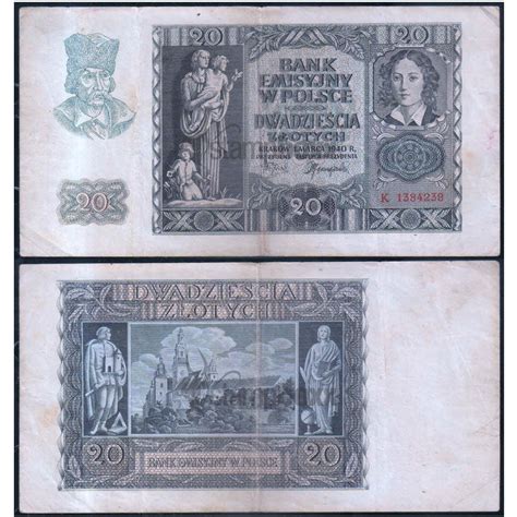 POLAND 20 ZLOTYCH 1940 P-95 USED GRADE – Stampboxx
