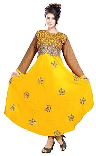 Buy MAHADEV TEXTILE Rayon Full Sleeve U-Neck Yellow & Brown Gown Type ...