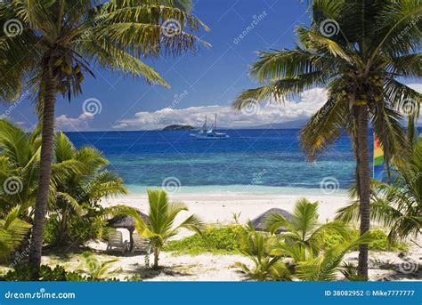 Sail Boat Seen through Palm Trees, Mamanuca Group Islands, Fiji Stock ...