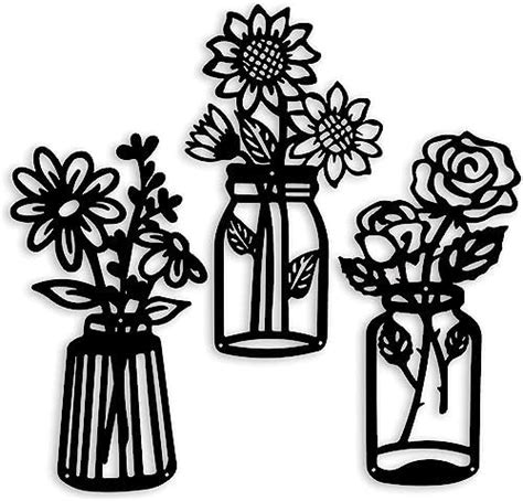 ROOT KRAFT 3 Pieces Black Wooden Flowers Wall Decor | Wooden Vase Wall ...