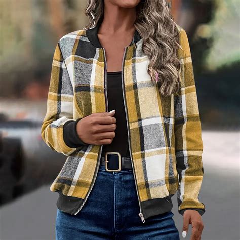 Xdegoge Plaid Jackets for Women Zip Up Flannel Cropped Bomber Jacket ...