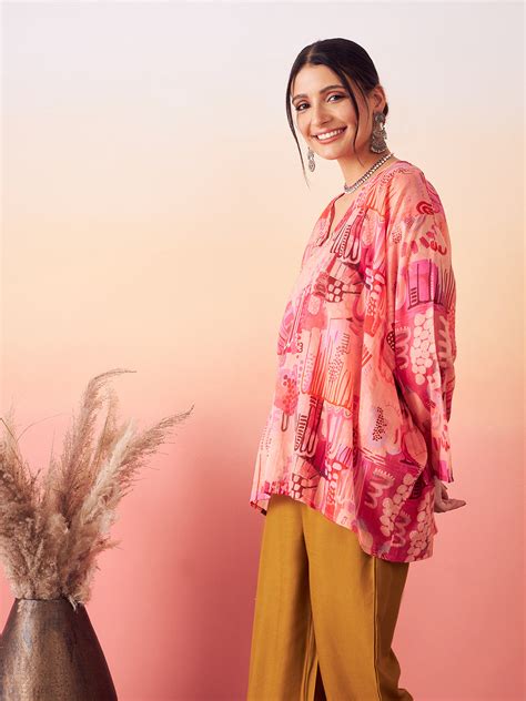 Peach Red Digital Print Kaftan Boho Top