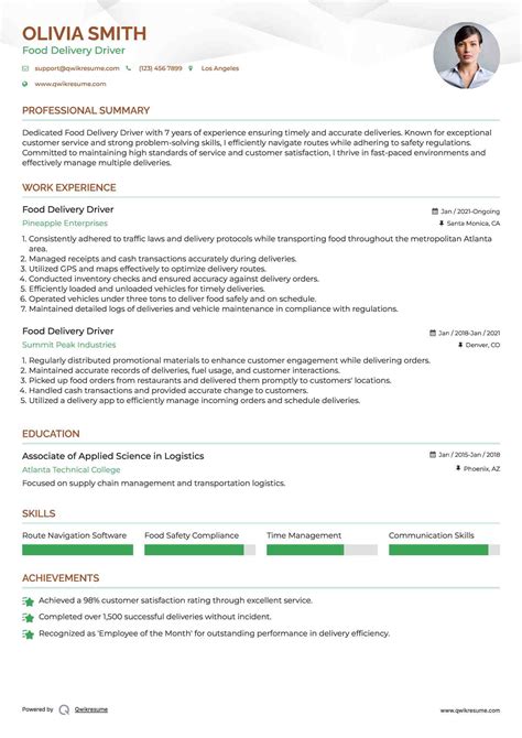 10+ Food Delivery Driver Resume Samples & Templates for 2025