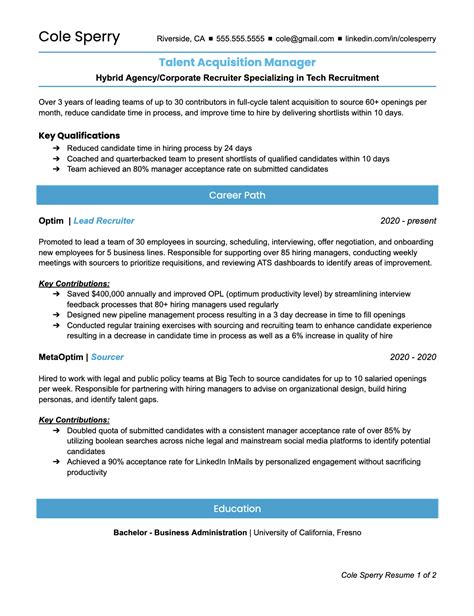 Talent Acquisition Manager Resume [With Examples] — Optim Careers