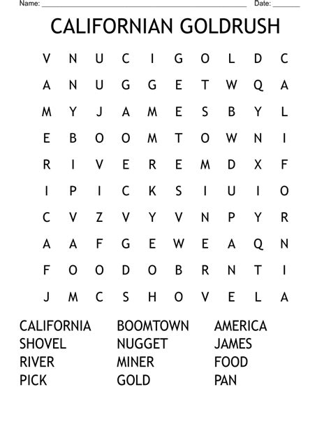 CALIFORNIAN GOLDRUSH Word Search - WordMint