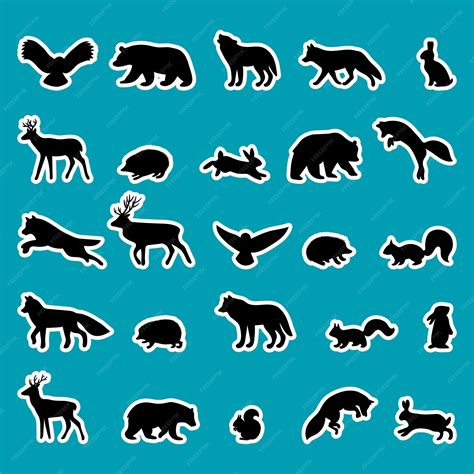 Animales del bosque Sílhouettes pegatinas Contorno negro de animales silvestres del bosque Oso ...