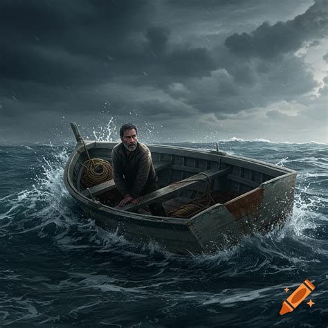 Photorealistic image of several people in a small boat navigating rough, stormy seas with rain ...