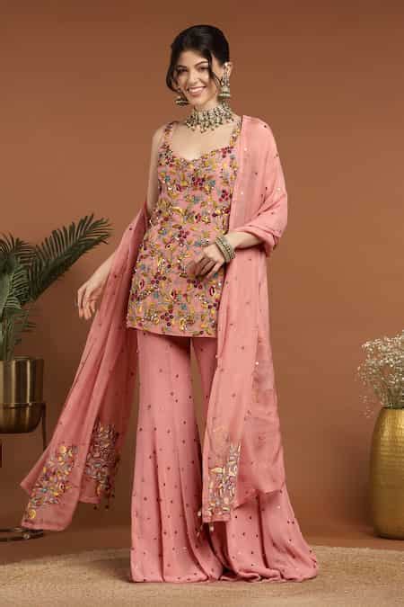 Buy Pink Georgette, Organza Sequins, Embroidery Sweetheart Gul Kurta ...