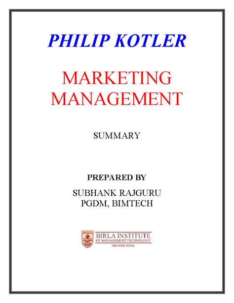 PHILIP KOTLER MARKETING MANAGEMENT SUMMARY (PGDM, BIMTECH) - Studocu