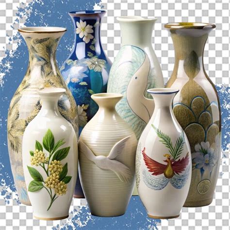 Three colorful vases are on a white surface with a blue background ...