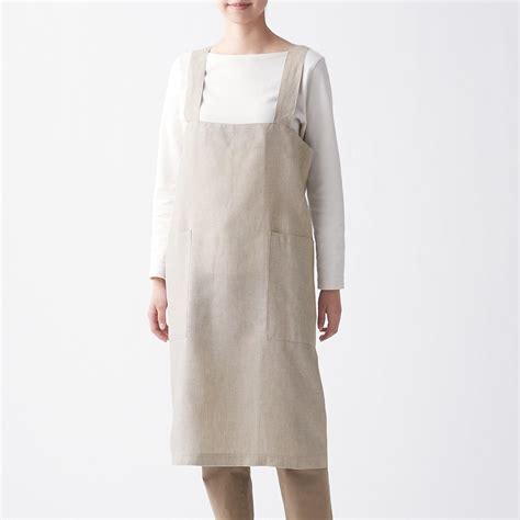 LINEN PLAIN WEAVE SHOULDER STRAP APRON / M / ECRU