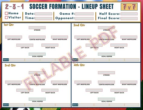 7v7 Soccer Formation Lineup Sheets, Fillable & Printable Template