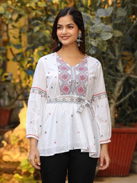 White Cotton Dobby Peplum Tunic With Multi Colored Thread Embroidery ...