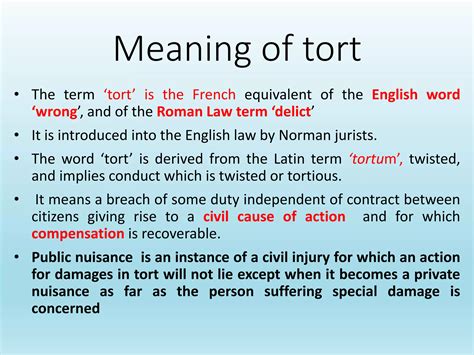 An Introduction to Law of Torts: Meaning, Nature and Essential elements | PPTX