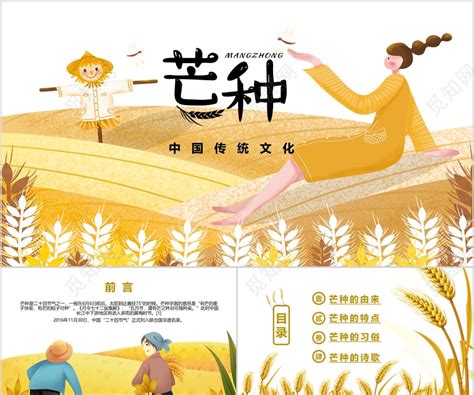 黄色卡通中国传统文化二十四节气芒种主题班会PPT模板下载 - 觅知网