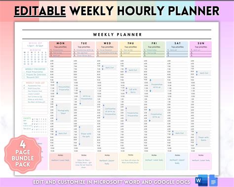 Weekly Hourly Planner - EDITABLE Weekly Schedule & Daily Planner