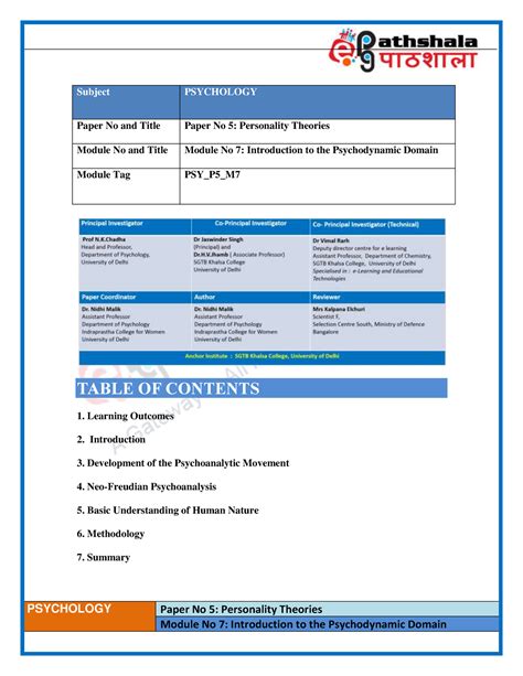 Introduction to the Psychodynamic Domain - Learning Outcomes 2 ...