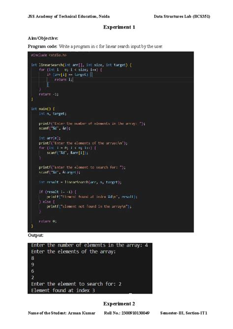 Data Structures Lab (BCS351) Experiment Codes and Outputs - Studocu