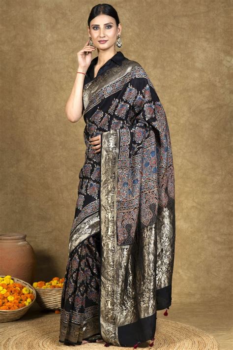 Black Beetel Dola Silk Ajrakh Saree: House of Elegance – House Of ...