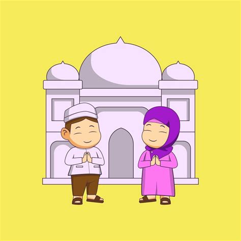 Dessins animés mignons de personnages musulmans de garçon et de fille ...
