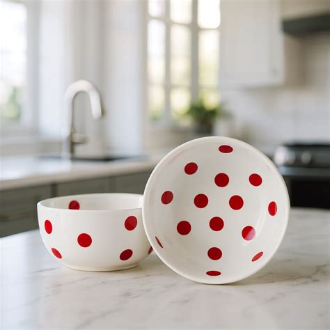 Premium White Polka Ceramic Bowl Set of 2 | BlackCarrot