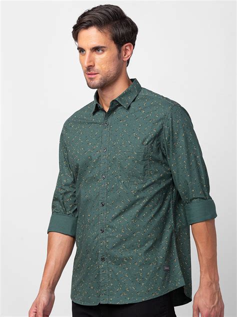Spykar Men Sage Green Cotton Slim Fit Printed Shirt