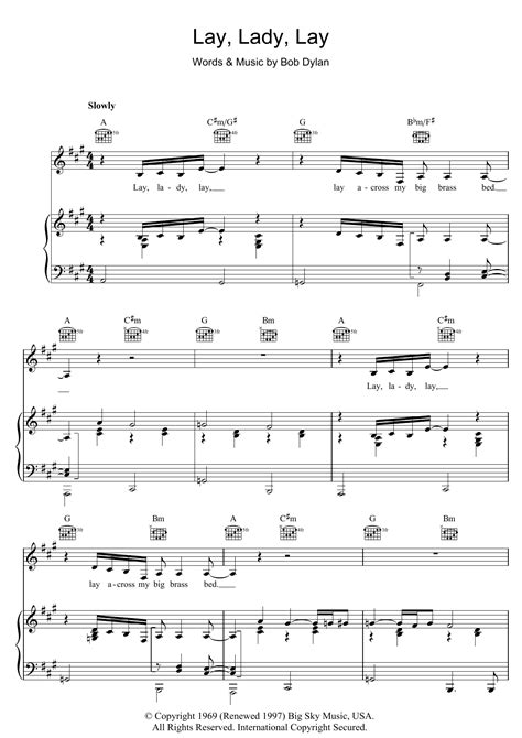 Lay Lady Lay by Bob Dylan Sheet Music for Piano, Vocal & Guitar Chords ...