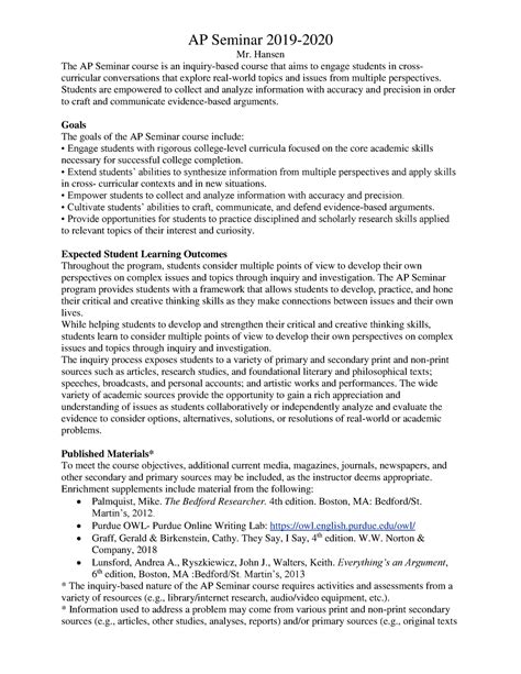 AP Seminar Course Syllabus 2019 2020 - AP Seminar 2019- Mr. Hansen The ...