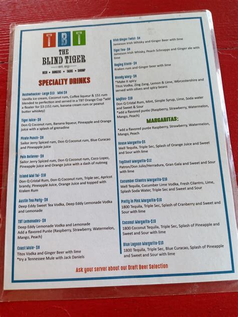 Menu at The Blind Tiger Slidell pub & bar, Slidell