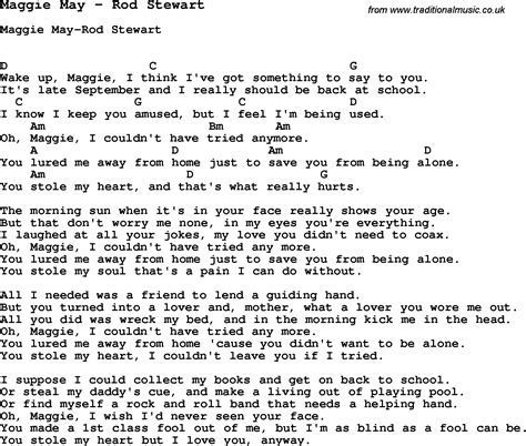 Song Maggie May by Rod Stewart, song lyric for vocal performance plus ...